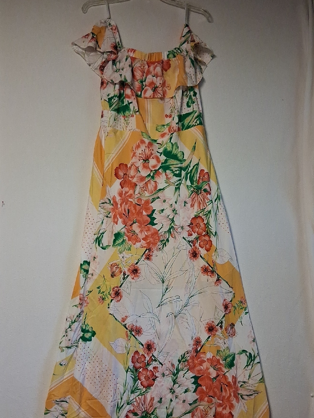 New York & Company Yellow and Coral Floral Off The Shoulder Maxi Dress.55 Inch